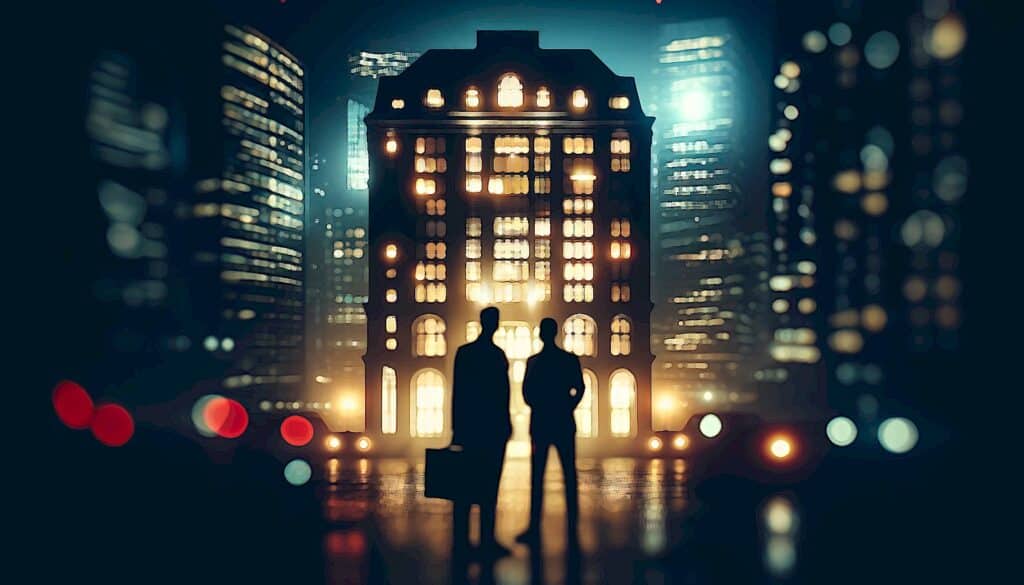 Billion Dollar Question: Is Real Estate Investing Legal? (Donald Trump Juxtaposition) - 2 silhouetted male figures standing in the street at night, wet street