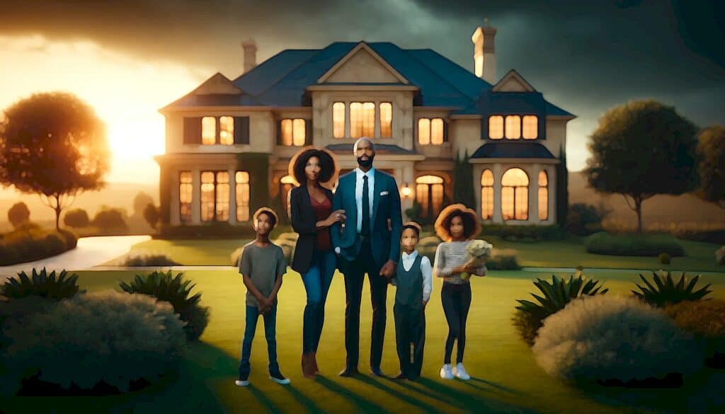 How To Calculate Leverage in Real Estate Deals (Use Investment Prowess to Build Wealth) - wealthy black family standing on front lawn of their beautiful mansion
