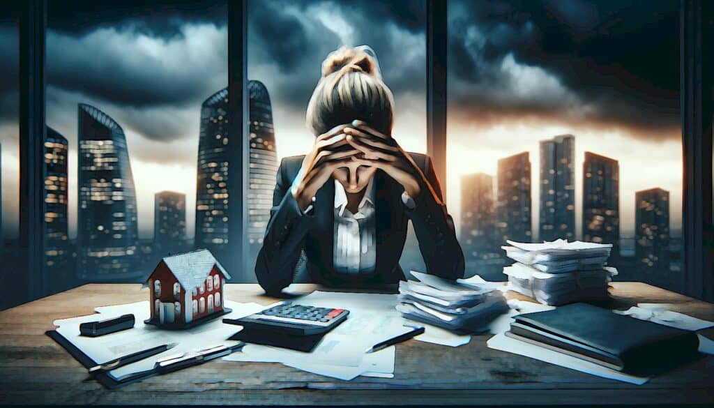 How To Calculate Leverage in Real Estate Deals (Use Investment Prowess to Build Wealth) - distraught business woman sitting at desk covered with documents, a calculator, and a tiny home model. large picture window of the city skyline in background