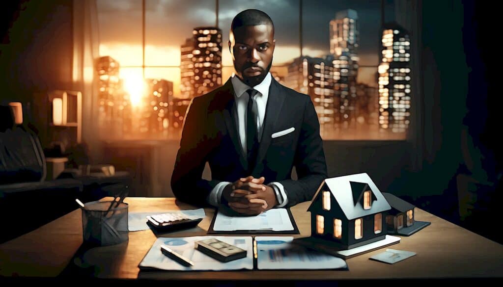 How To Calculate Leverage in Real Estate Deals (Use Investment Prowess to Build Wealth) - black businessman standing at raised desk of money, ink pens, small display house, and real estate documents. commercial real estate skyline through large picture windows in background
