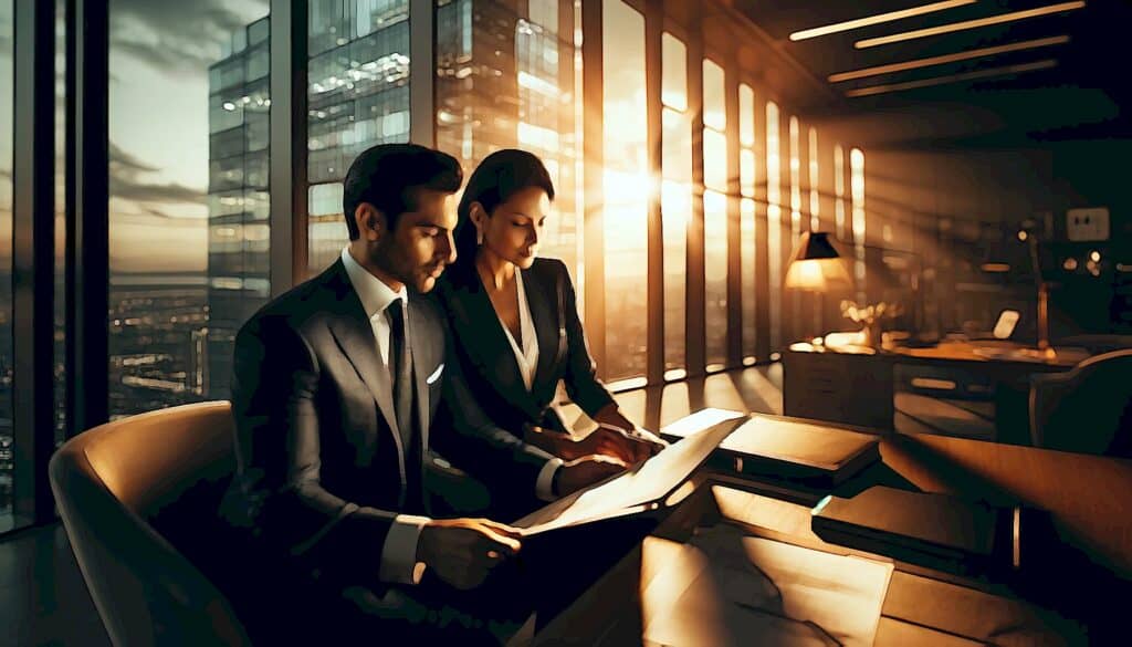 How To Calculate Leverage in Real Estate Deals (Use Investment Prowess to Build Wealth) - stylish Mexican business couple inside Highrise office building looking over documents together