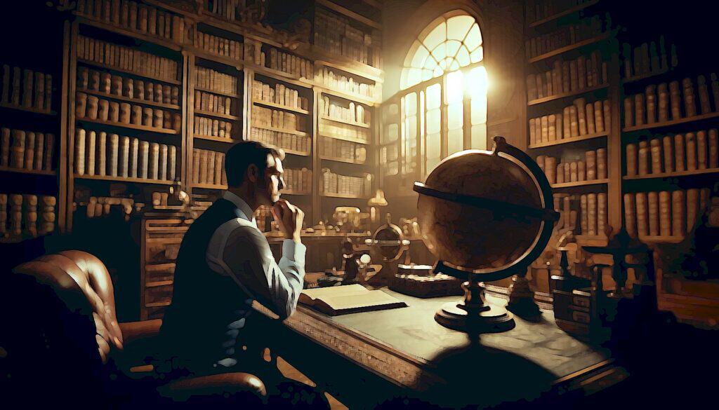 How To Calculate Leverage in Real Estate Deals (Use Investment Prowess to Build Wealth) - businessman in large den study room at sunrise, globe sitting on desk, sunlight peeking through window