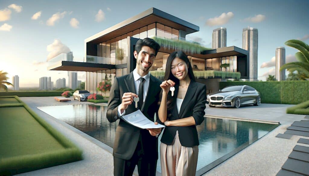 How To Calculate Leverage in Real Estate Deals (Use Investment Prowess to Build Wealth) - business man and Asian business woman standing in front of modern luxury home and swimming pool holding house keys and smiling, BMW car in background