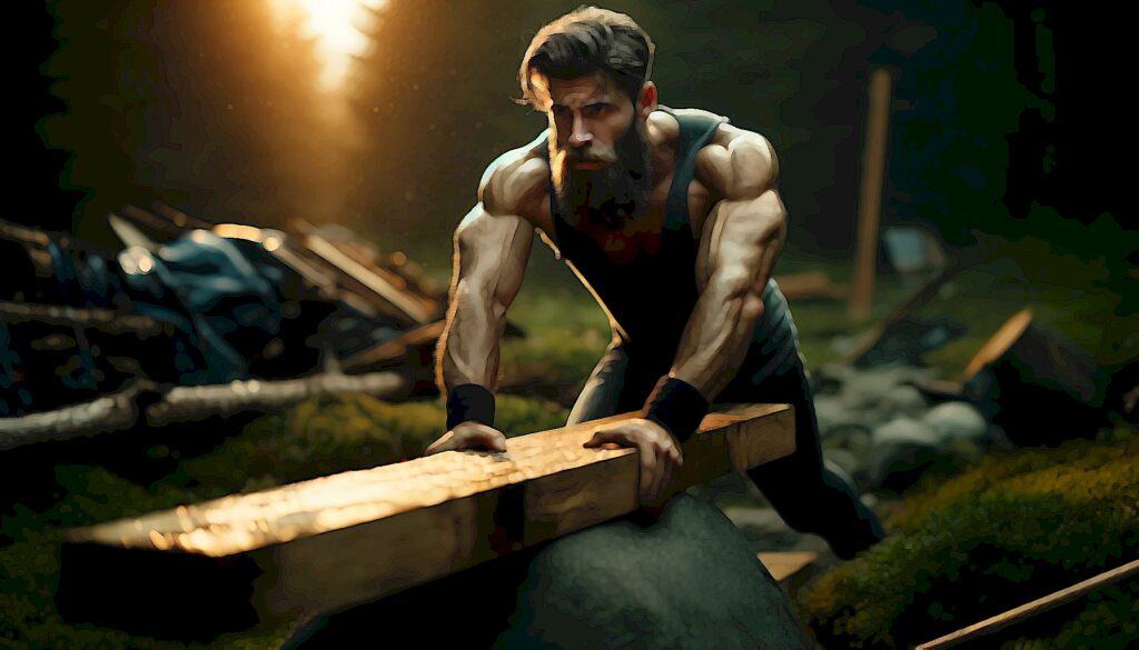 How To Calculate Leverage in Real Estate Deals (Use Investment Prowess to Build Wealth) - muscular man wearing tank top in the wilderness using a large wooden plank for leverage