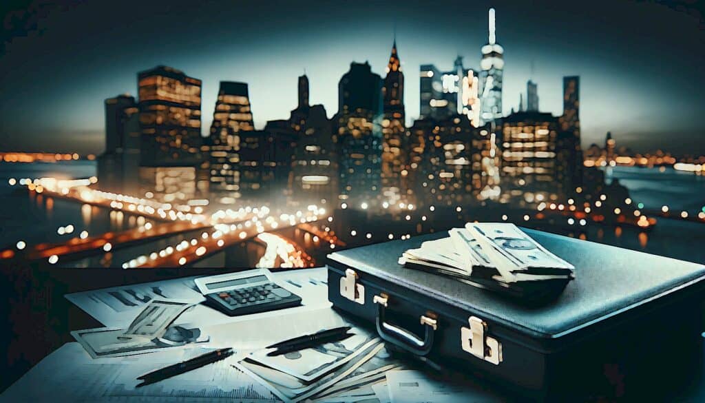 Goldman Sachs Unprecedented Commercial Real Estate $7 Billion Bailout - city with commercial real estate building in background, money and briefcase on table