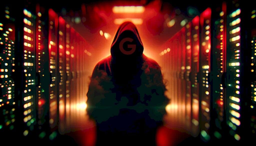 Google Leaks Unmasked (Secret Algorithm Exposed in Massive Data Bombshell) - man shrouded in data center darkness with the Google G logo covering his face