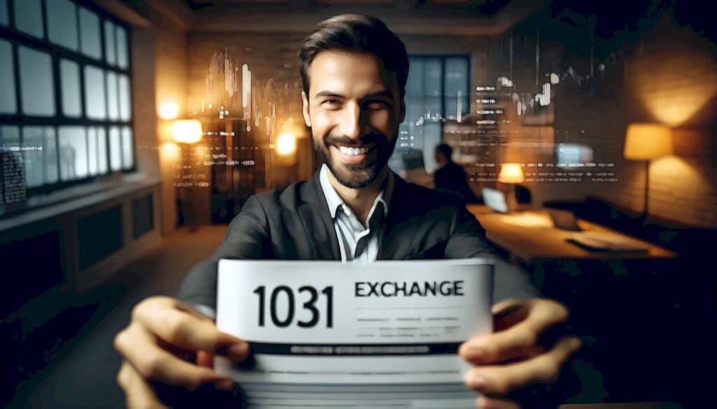 How to Avoid Paying Taxes Through Real Estate Investing (Invest In Real Estate to Live Tax-Free) - smiling man with beard smiling and holding a 1031 exchange form