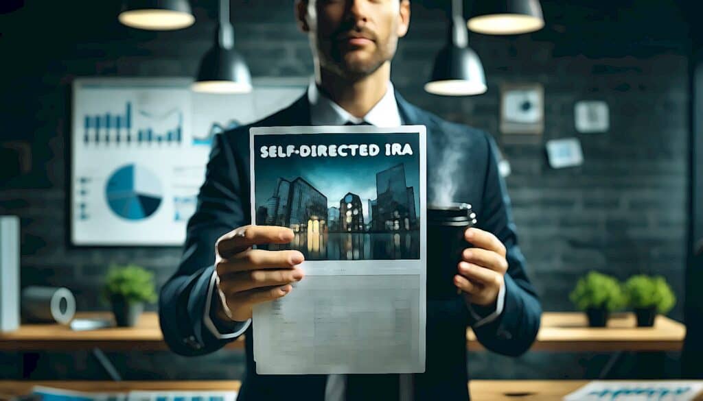 How to Avoid Paying Taxes Through Real Estate Investing (Invest In Real Estate to Live Tax-Free) - standing businessmen holding a self directed IRA form and cup of coffee