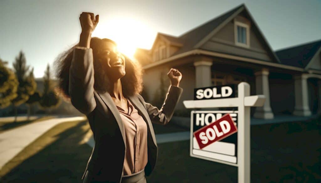 How to Avoid Paying Taxes Through Real Estate Investing (Invest In Real Estate to Live Tax-Free) - black woman on front house lawn cheering, sold sign in yard