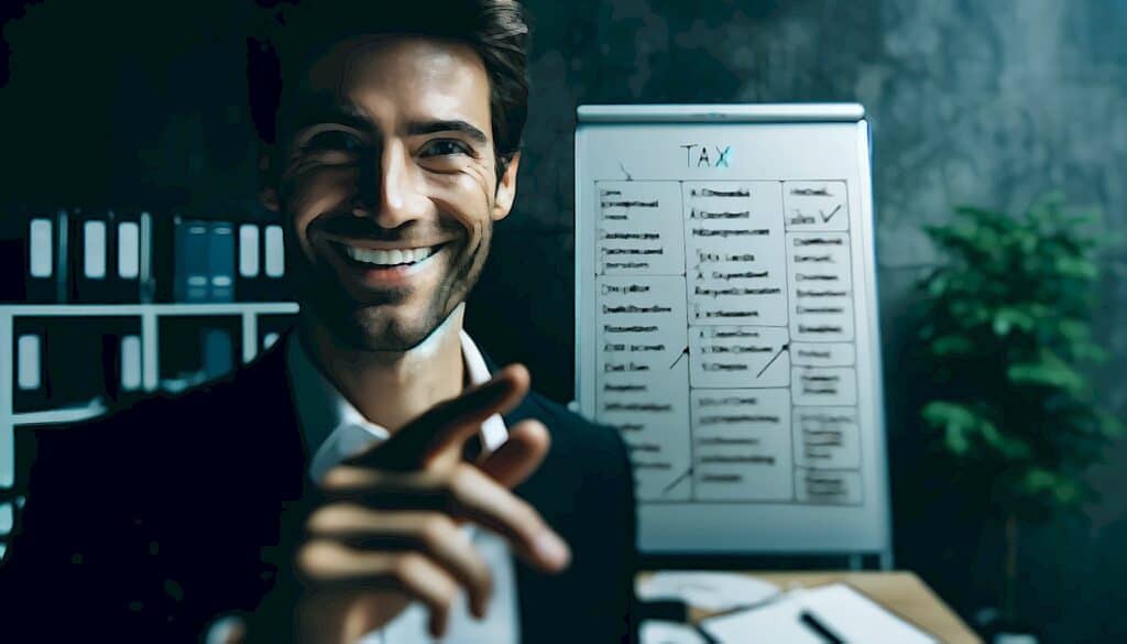 How to Avoid Paying Taxes Through Real Estate Investing (Invest In Real Estate to Live Tax-Free) - smiling businessmen pointing with tax whiteboard in background