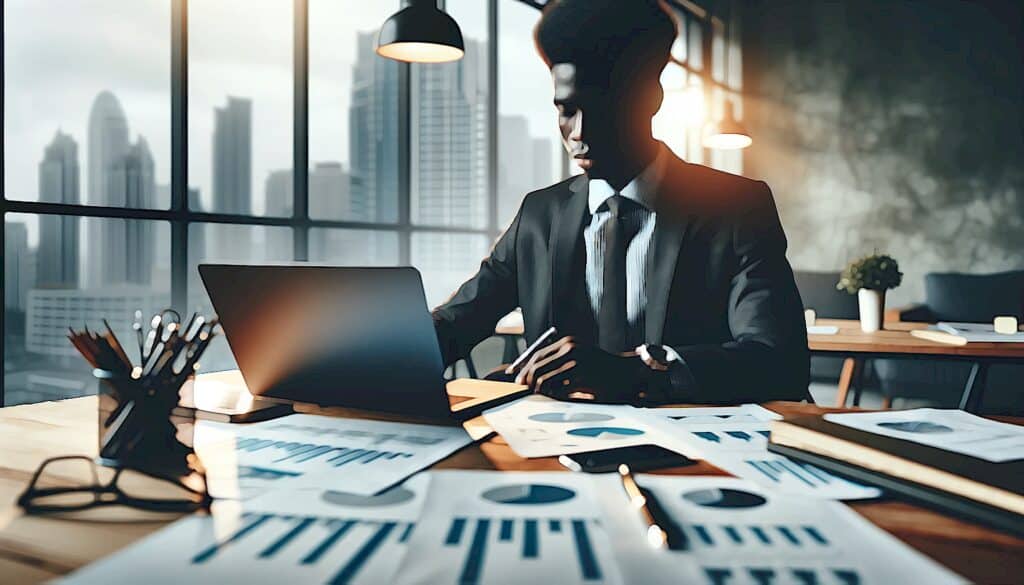 How to Avoid Paying Taxes Through Real Estate Investing (Invest In Real Estate to Live Tax-Free) - young black businessman sitting at desk at computer looking over charts and graphs in front of big picture window