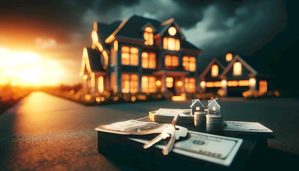 How to Avoid Paying Taxes Through Real Estate Investing (Invest In Real Estate to Live Tax-Free) - stack of money and house keys on ground with very large home in the background at dusk