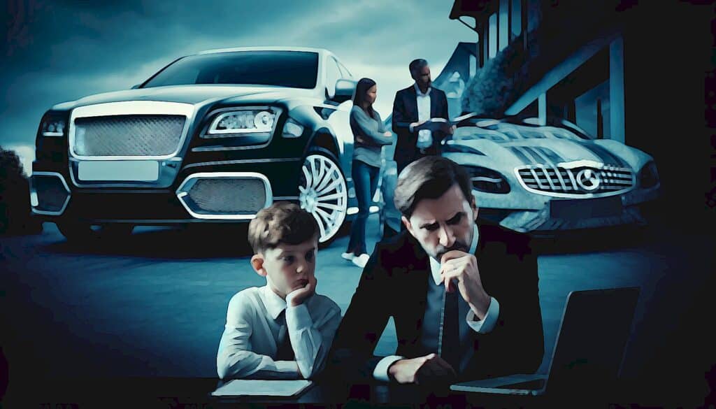 Kevin O'Leary's Dire Warning (Pivot Your Real Estate Investing Now) - father and son distressed and contemplating finances with exotic cars in background with mother and salesman