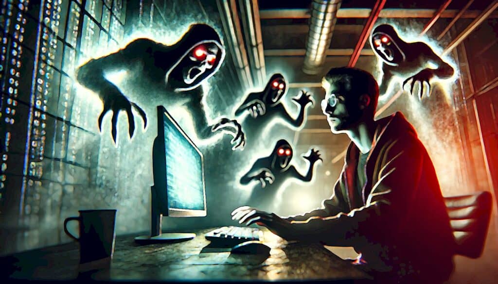 Dark Web of Real Estate (Hidden Cybercrime Threats Decimating Your Empire) - man wearing glasses in dark room at computer desk surrounded by ghosts