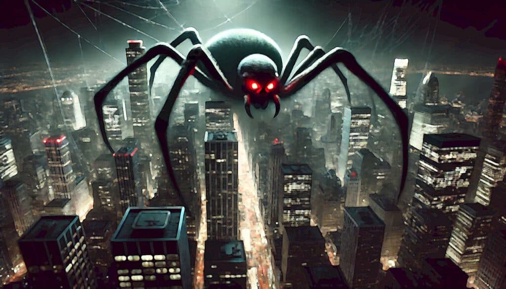 Dark Web of Real Estate (Hidden Cybercrime Threats Decimating Your Empire) - 5,000 foot tall black spider with red eyes standing over a city at night