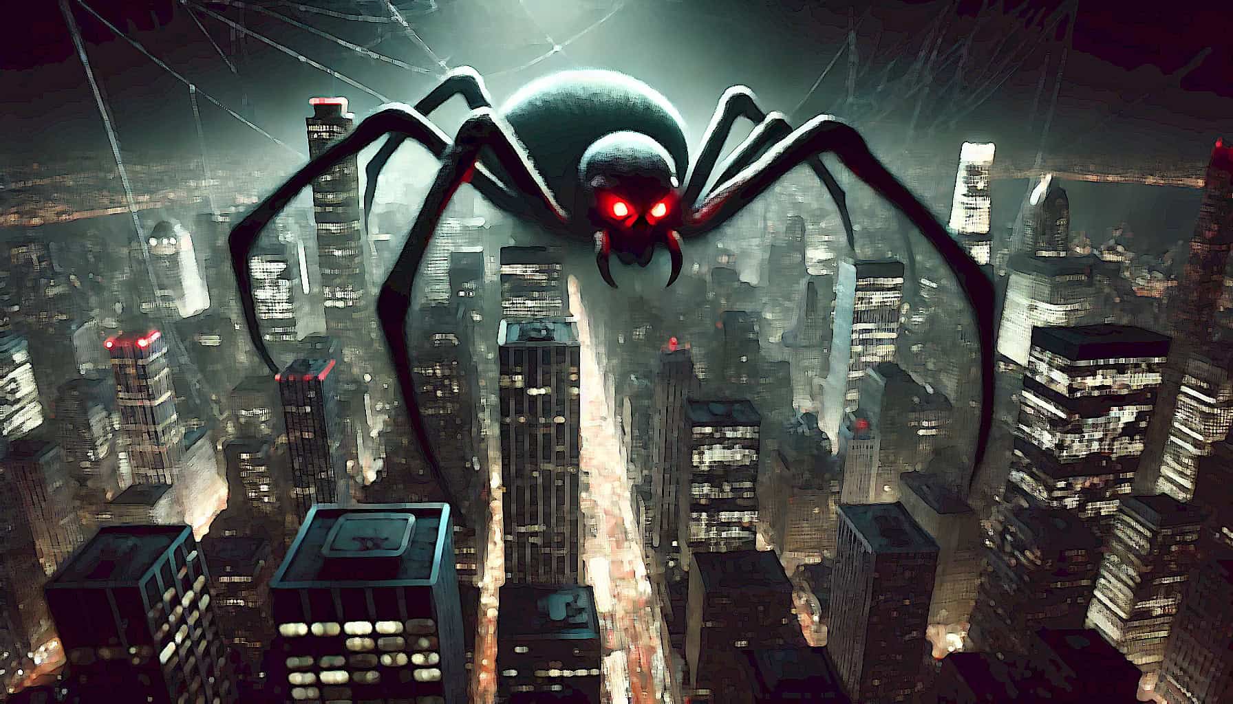 Dark Web of Real Estate (Hidden Cybercrime Threats Decimating Your Empire) - 5,000 foot tall black spider with red eyes standing over a city at night