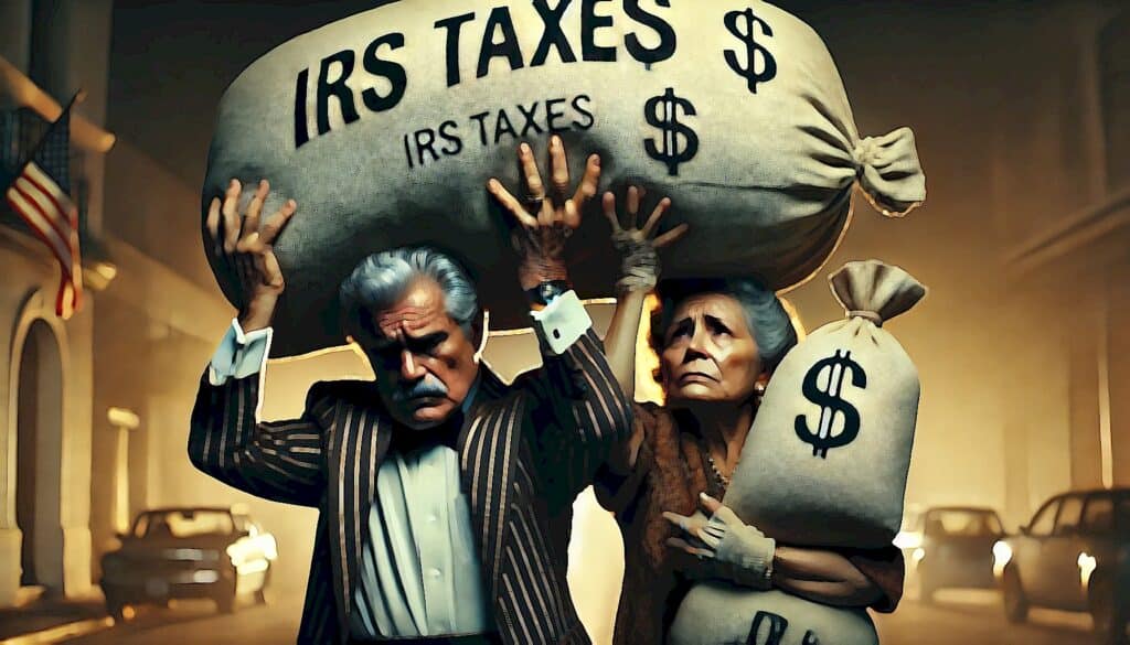Real Estate Investors Beware ($50 Billion IRS Crackdown Declares War on Wealthy Tax Cheats) - wealthy middle-aged Mexican couple holding large IRS tax bags