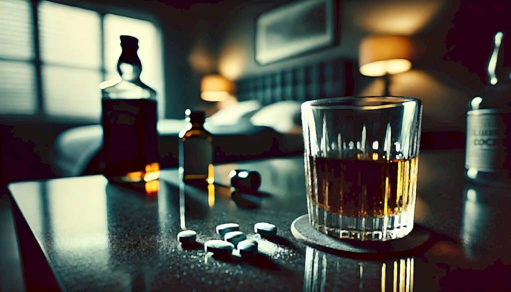 Real Estate Rape Allegations (Disturbing Property Predators Facing Heinous Sex Crimes) - prescription pills and alcoholic beverage sitting on bedroom table in a dark room