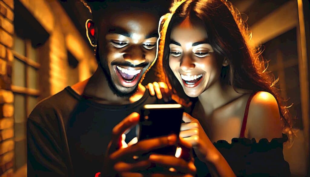 Top-Rated Real Estate Investing Apps Beginners Should Know - young black man and young Spanish girl looking at mobile device together, happy couple