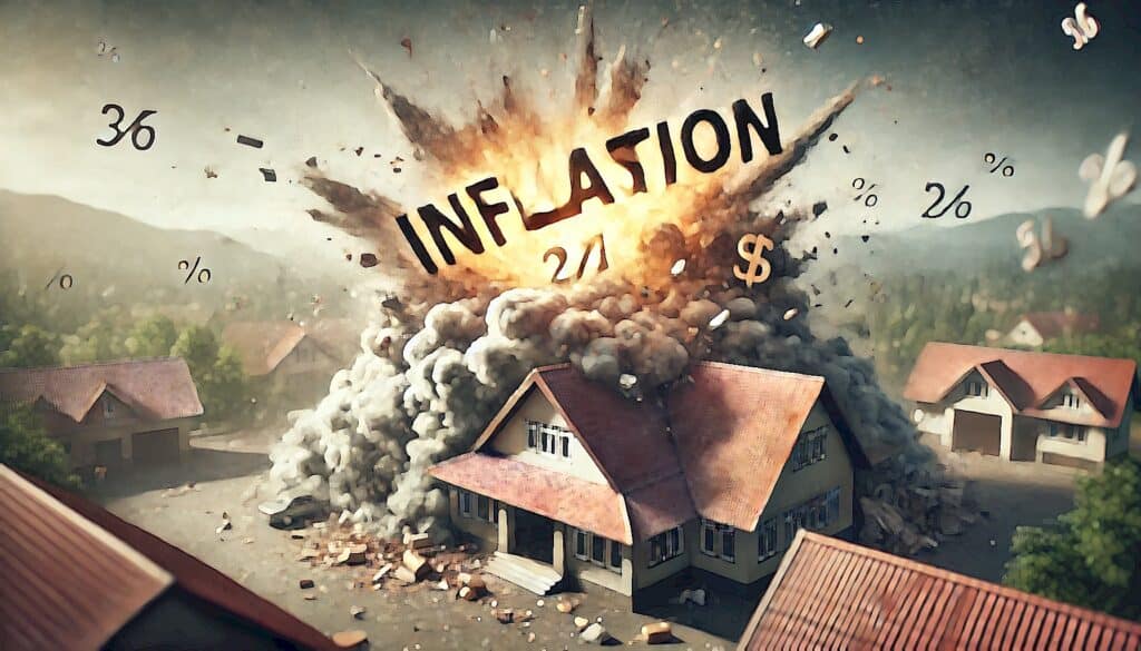 U.S. Inflation Trends During Biden Administration (Real Estate Investing Impacts) - house with exploding roof of inflation