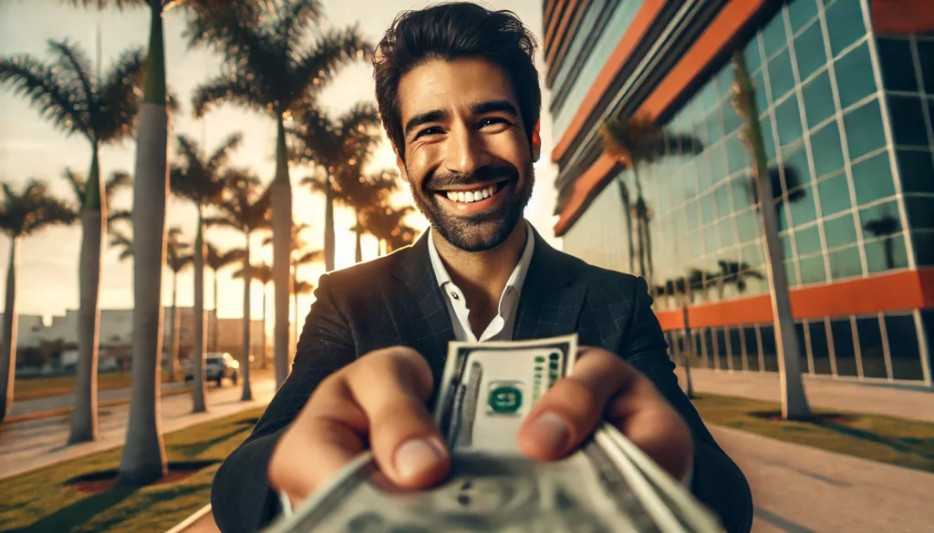 Why You Should Become a Real Estate Lender - dark-haired man handing out money, palm trees, commercial real estate