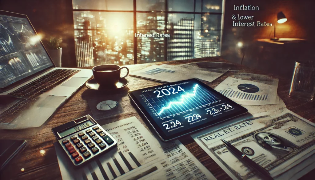 Navigating Inflation and Lower Interest Rates in 2024 for Real Estate Investors - desk covered with a calculator, tablet computer, graphs, charts, money and a coffee cup