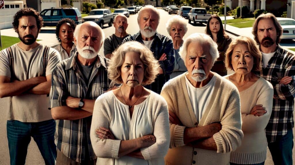 Baby Boomers "Silver Tsunami" Is Dead (And So Are Your Investment Dreams) - group of angry elderly neighbors standing in the middle of a residential neighborhood