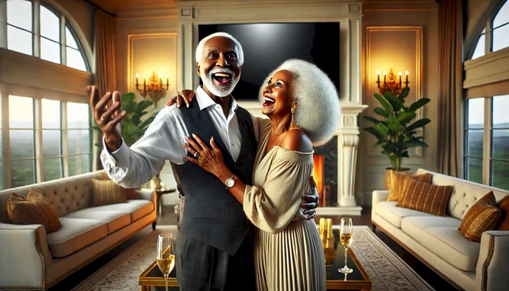 How Presidential Debates Can Affect Your Real Estate Investing (According to World-Famous Psychologists) - wealthy middle-aged black couple celebrating in their mansion living room