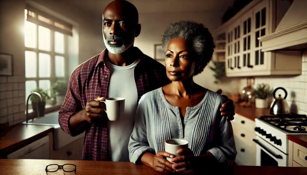 How Presidential Debates Can Affect Your Real Estate Investing (According to World-Famous Psychologists) - middle-aged black couple sipping morning coffee in a kitchen