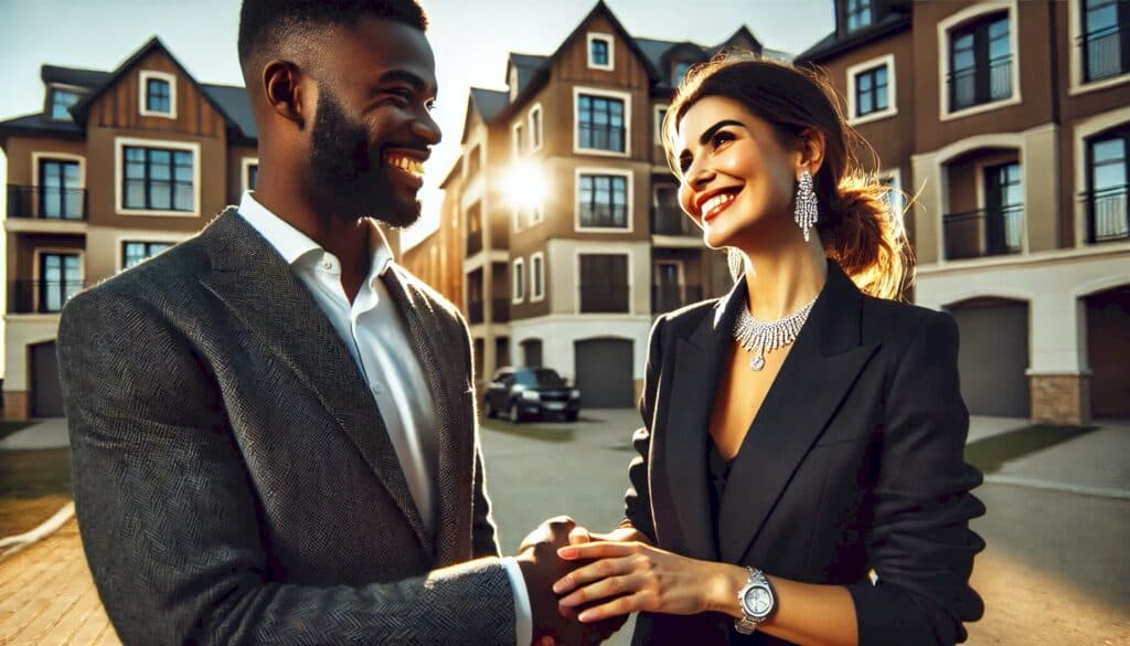 Partnering with Investors (How Real Estate Agents Can Exponentially Maximize Profits) - black businessman wearing a sport coat and a Cuban businesswoman who is wearing a suit, diamond necklace, and diamond earrings smiling at each other and shaking hands while standing outside of a large luxury residential apartment complex