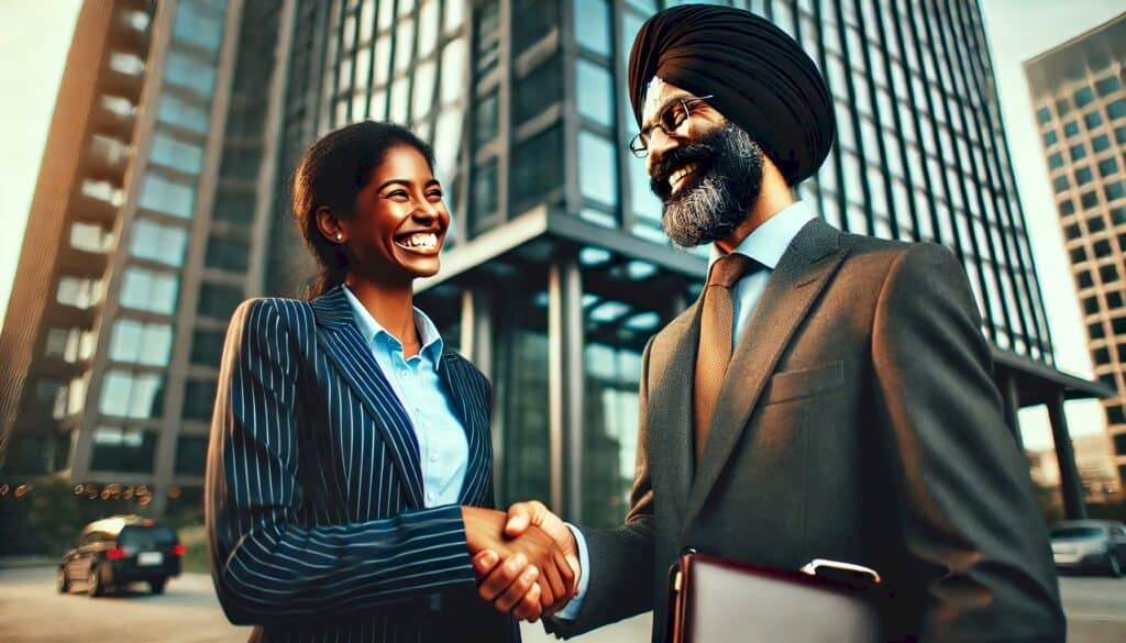 Partnering with Investors (How Real Estate Agents Can Exponentially Maximize Profits) - black businesswoman wearing a pinstriped suit and Indian businessman wearing a black turban smiling and happily shaking hands outside in front of a large commercial real estate building