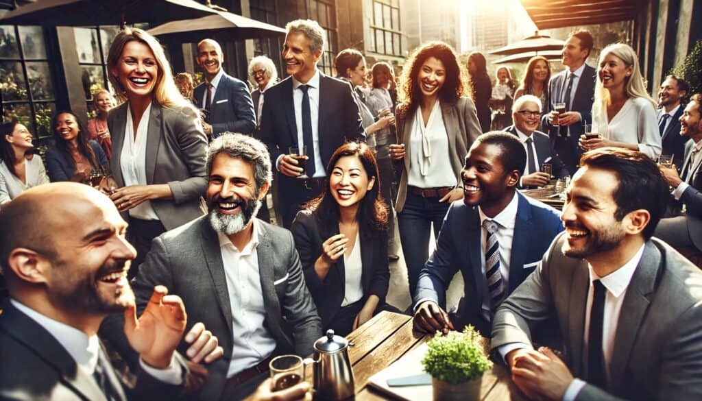 Partnering with Investors (How Real Estate Agents Can Exponentially Maximize Profits) - large group of smiling and laughing real estate agents, realtors, and real estate investors having a fun outdoor meeting at a cafe