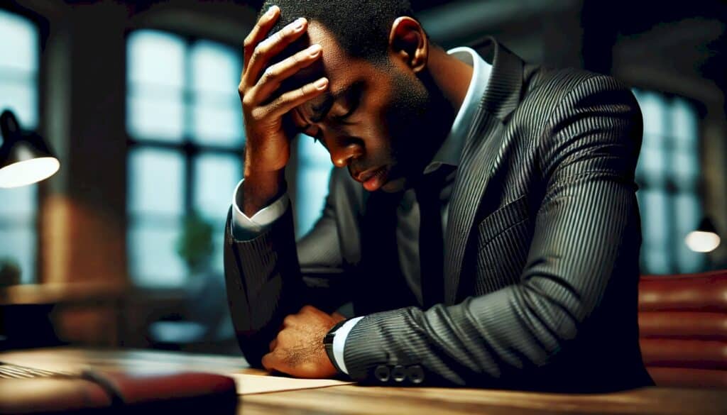 Partnering with Investors (How Real Estate Agents Can Exponentially Maximize Profits) - distraught black businessman sitting at a table wearing a suit with one hand holding his forehead