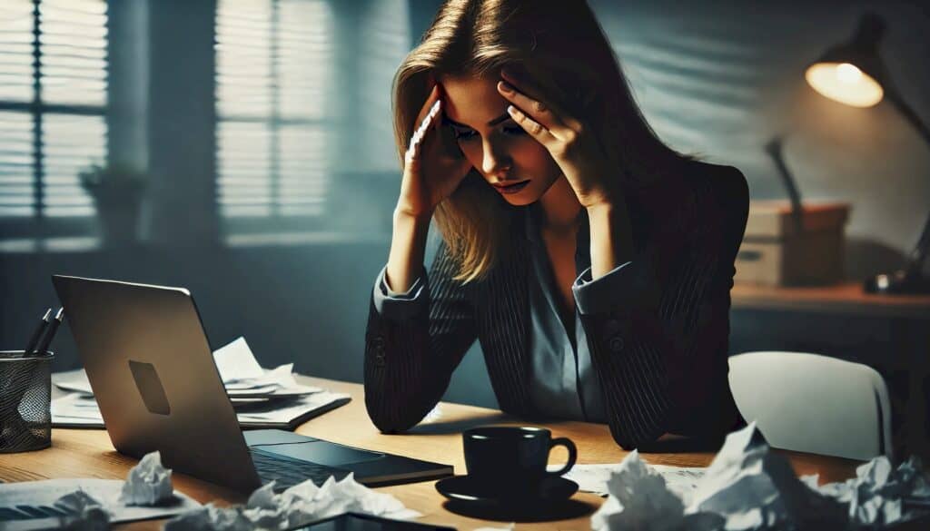 Partnering with Investors (How Real Estate Agents Can Exponentially Maximize Profits) - distraught businesswoman with her hands on her head sitting in an office with an open laptop