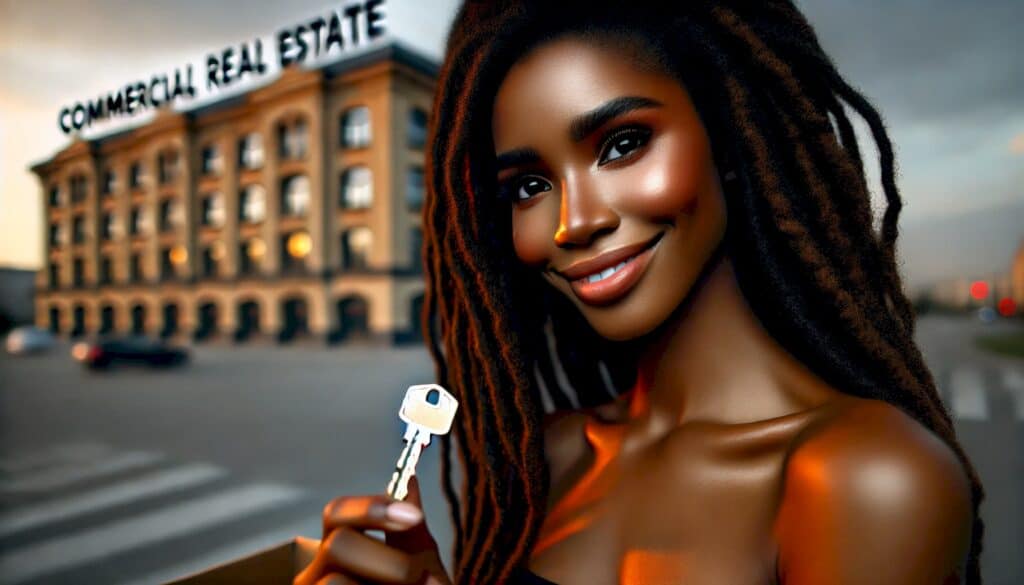 How to Invest in Real Estate With No Money Down - beautiful black woman with dreadlocks holding the key to commercial real estate