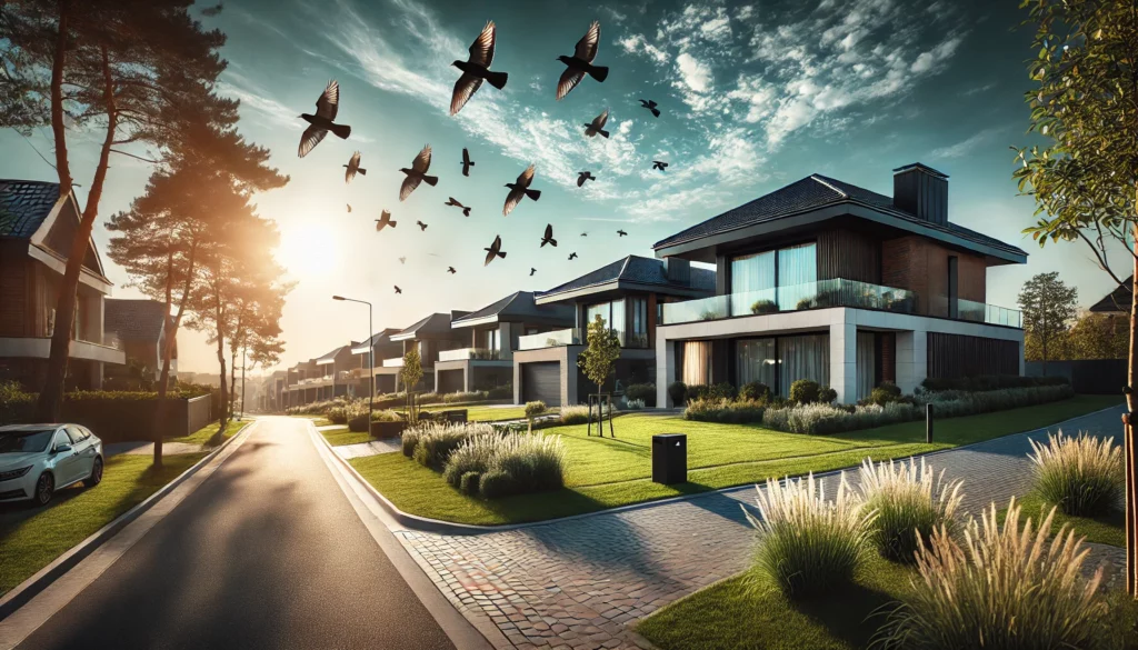 Impact of Remote Work on Where People Buy Homes - modern residential neighborhood with flock of bird flying overhead