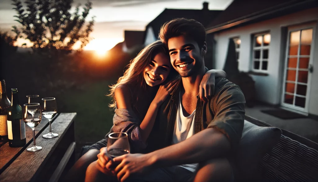 Impact of Remote Work on Where People Buy Homes - happy young couple spending quality time together in their backyard at dusk while drinking wine