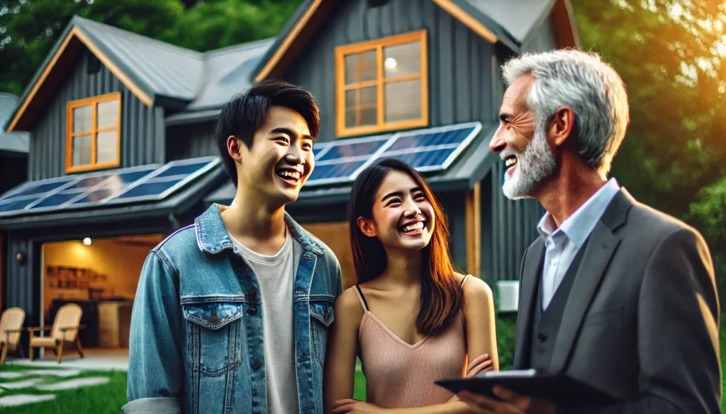 Impact of Remote Work on Where People Buy Homes - young Chinese American couple home shopping with a middle-aged real estate agent man