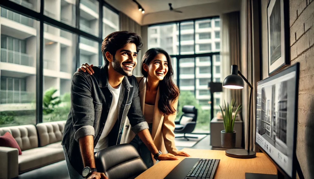 Impact of Remote Work on Where People Buy Homes - young Indian couple in a modern spacious south Asian apartment home-office