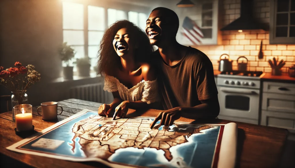 Impact of Remote Work on Where People Buy Homes - young black American couple laughing playing the map game in their kitchen to have fun choosing where to live next