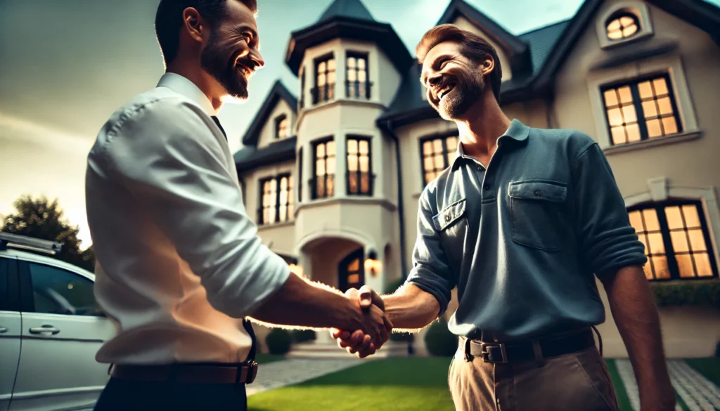 Top 13 Tax Benefits Every Real Estate Investor Should Know - homeowner man shaking hands with maintenance man outside of mansion