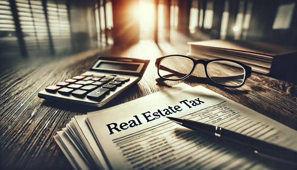 Top 13 Tax Benefits Every Real Estate Investor Should Know - real estate tax newspaper sitting on wooden office desk with eyeglasses, calculator, and ink pen