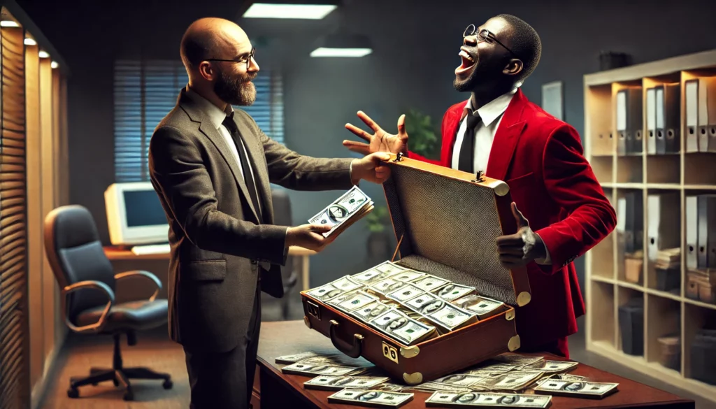 Top 13 Tax Benefits Every Real Estate Investor Should Know - ecstatic black businessman receiving a suitcase filled with stacks of $100 bills