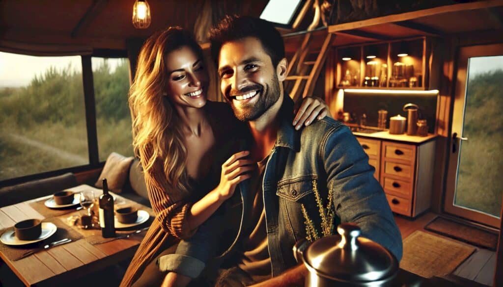 Smiling couple enjoying luxury off-grid living together, interacting happily in a warmly lit setting with a blurred natural background, captured in a dramatic, cinematic style with high dynamic range and a shallow depth of field.