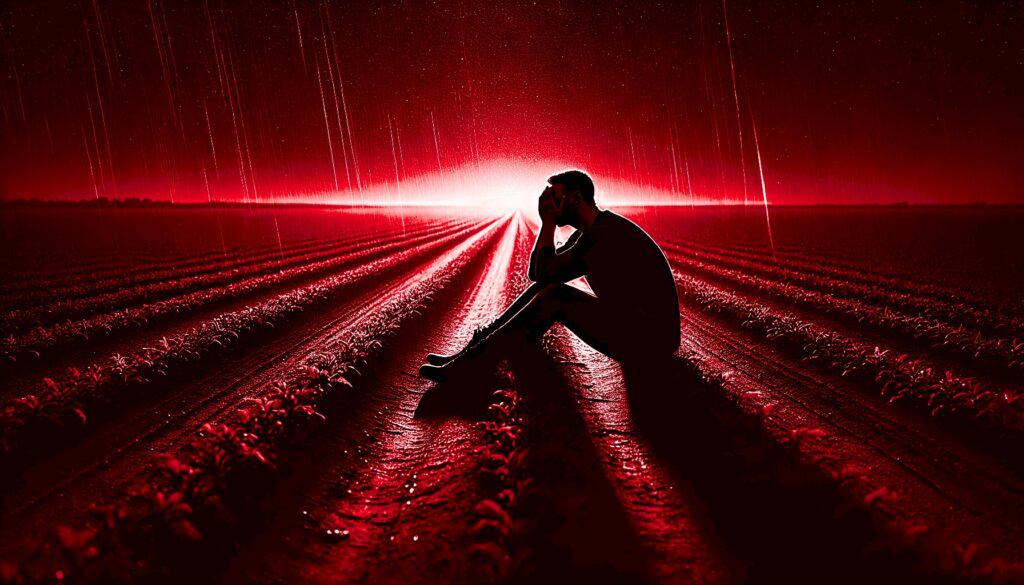 Mortgage Dead End (First-Time Homebuyers Trapped In Potential Decade-Long Nightmare) - hopeless man sobbing in the rain at night while sitting in an empty field of crops