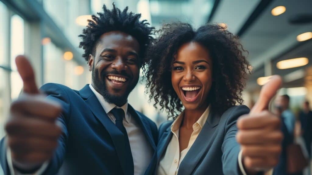 One Size Doesn’t Fit All (The P Word That Can Finally Solve Your Real Estate Investing Failures) - young black business couple celebrating and giving two thumbs up