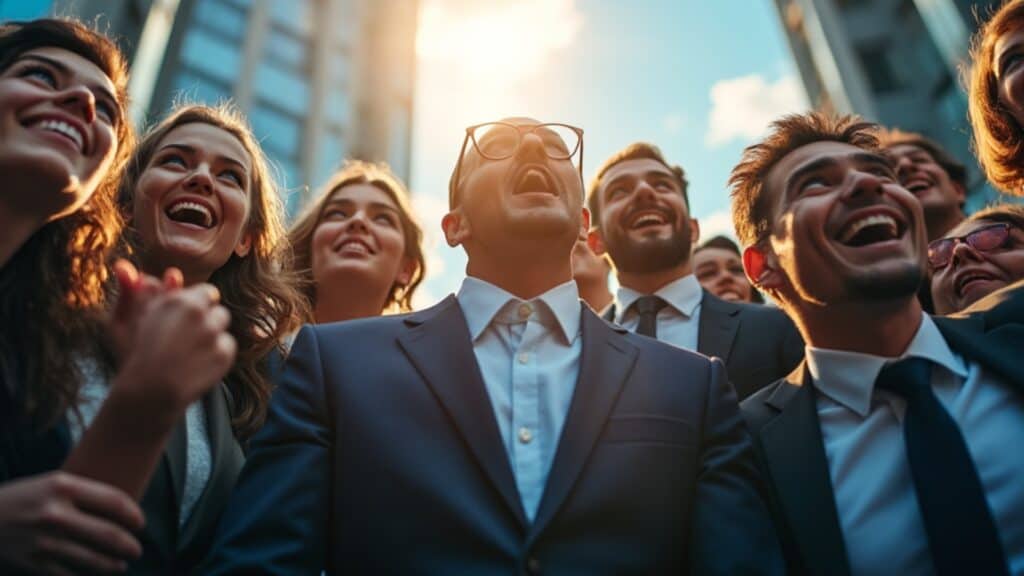 One Size Doesn’t Fit All (The P Word That Can Finally Solve Your Real Estate Investing Failures) - group of happy surprised business people looking up at the sky