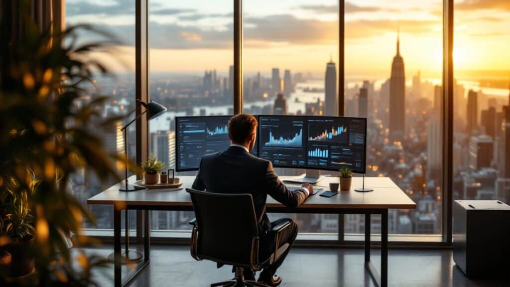 Real Estate Debt Funds (Your Key to Stable, Profitable Returns) - businessman studying real estate charts on a triple display desktop computer