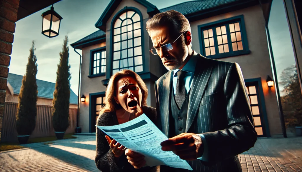 Real Estate Market in Turmoil (October 2024 Brings Shocking Changes for Investors) - distraught wealthy couple looks over real estate paperwork outside of their luxury home