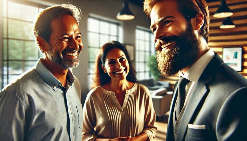 Slash Your Overheads (How Energy-Efficient Appliances Can Supercharge Your Real Estate ROI) - happy Indian couple talking to a bearded real estate lender